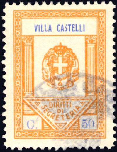 Marca da Bollo del Comune di VILLA CASTELLI su Carta Bianca Sottile di dimensioni 22 x 30 mm