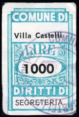 Marca da Bollo del Comune di VILLA CASTELLI su Carta Bianca di dimensioni 18,5 x 29 mm