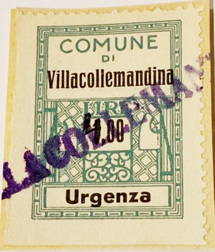 Marca da Bollo del Comune di VILLA COLLEMANDINA su Carta Bianca Sottile di dimensioni 25 x 29 mm
