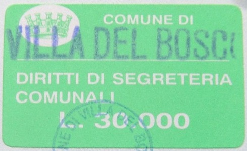 Marca da Bollo del Comune di VILLA DEL BOSCO su Carta Colorata di dimensioni 37 x 23 mm