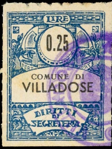 Marca da Bollo del Comune di VILLADOSE su Carta Bianca Sottile di dimensioni 21,5 x 28 mm