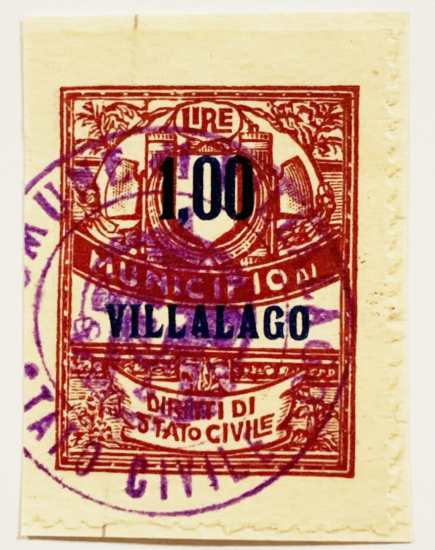 Marca da Bollo del Comune di VILLALAGO su Carta Bianca di dimensioni 22,5 x 31 mm