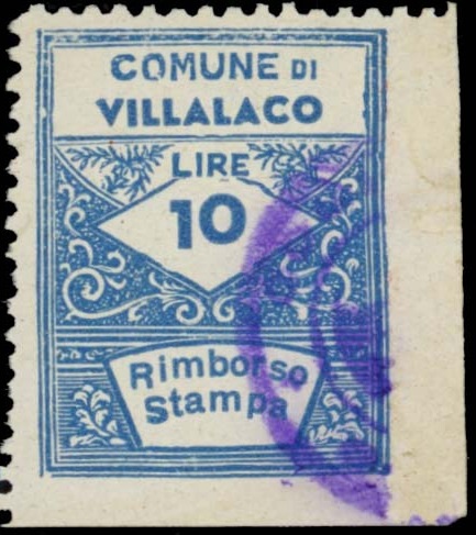 Marca da Bollo del Comune di VILLALAGO su Carta Bianca Sottile di dimensioni 22 x 29 mm