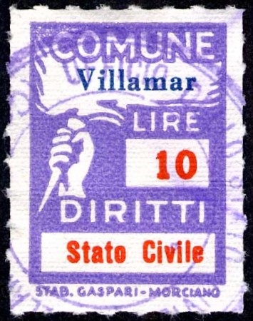 Marca da Bollo del Comune di VILLAMAR su Carta Bianca Sottile di dimensioni 18,5 x 26,5 mm