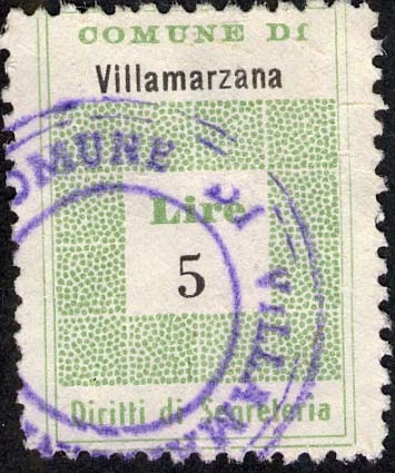Marca da Bollo del Comune di VILLAMARZANA su Carta Bianca di dimensioni 19,5 x 28,5 mm