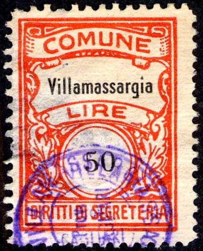 Marca da Bollo del Comune di VILLAMASSARGIA su Carta Bianca Sottile di dimensioni 22,5 x 29 mm
