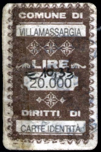 Marca da Bollo del Comune di VILLAMASSARGIA su Carta Bianca di dimensioni 16 x 24,5 mm