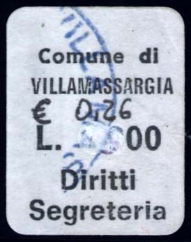 Marca da Bollo del Comune di VILLAMASSARGIA su Carta Bianca di dimensioni 15 x 19 mm