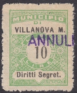 Marca da Bollo del Comune di VILLANOVA MONFERRATO su Carta Bianca Sottile di dimensioni 22,5 x 29 mm
