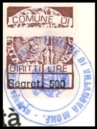 Marca da Bollo del Comune di VILLANOVA MONFERRATO su Carta Bianca di dimensioni 22 x 28 mm