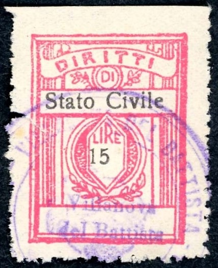 Marca da Bollo del Comune di VILLANOVA DEL BATTISTA su Carta Bianca Sottile di dimensioni 21,5 x 28,5 mm
