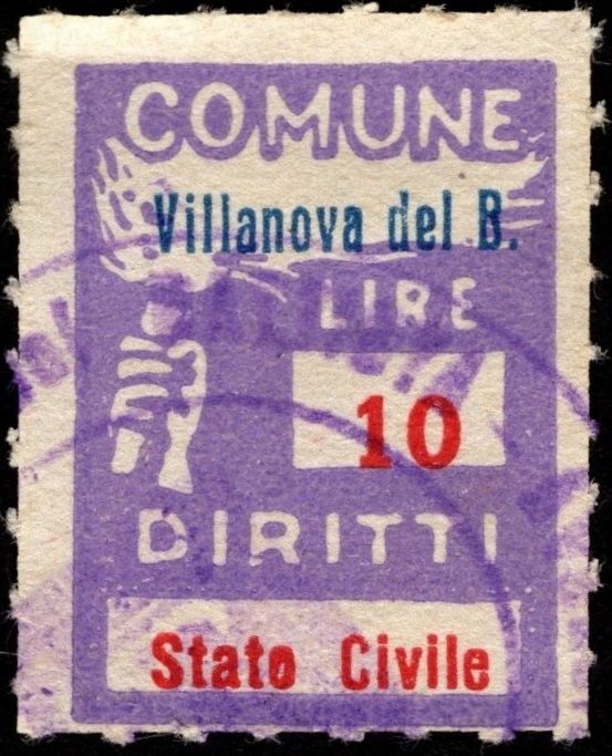 Marca da Bollo del Comune di VILLANOVA DEL BATTISTA su Carta Bianca Sottile di dimensioni 18 x 26 mm