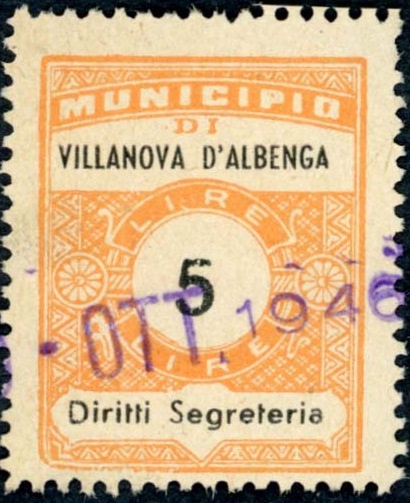 Marca da Bollo del Comune di VILLANOVA D´ALBENGA su Carta Bianca Sottile di dimensioni 22,5 x 29 mm