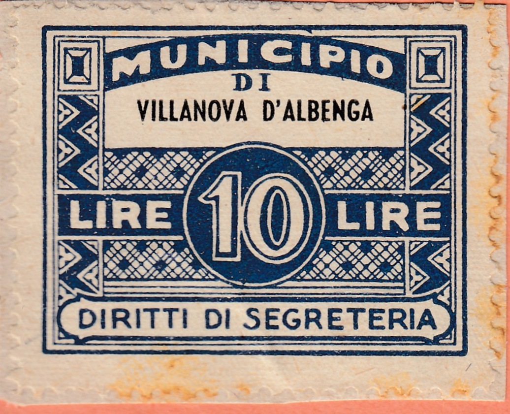 Marca da Bollo del Comune di VILLANOVA D´ALBENGA su Carta Bianca Sottile di dimensioni 33,5 x 27,5 mm