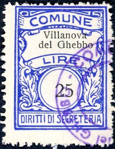 Marca da Bollo del Comune di VILLANOVA DEL GHEBBO su Carta Bianca di dimensioni 22 x 29 mm