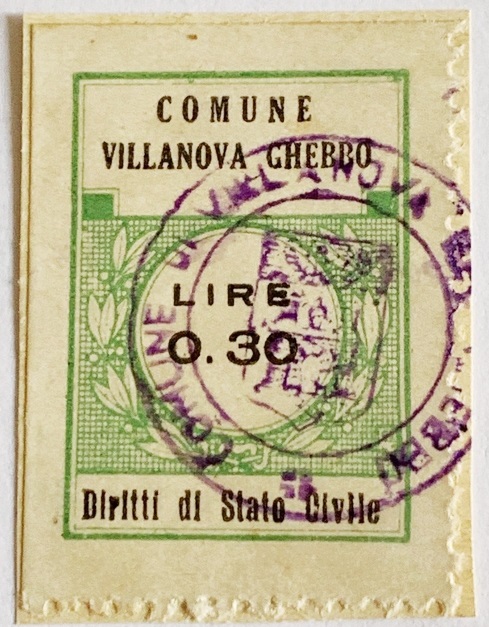 Marca da Bollo del Comune di VILLANOVA DEL GHEBBO su Carta Bianca di dimensioni 22 x 30 mm
