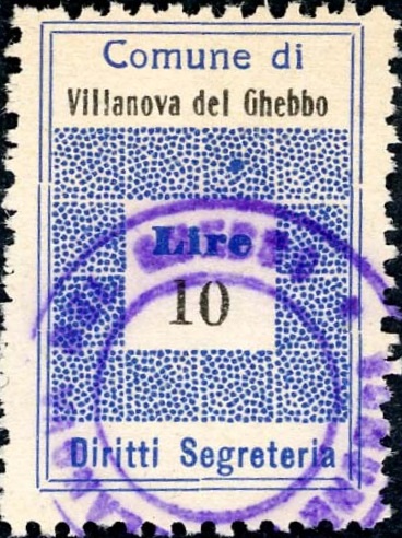 Marca da Bollo del Comune di VILLANOVA DEL GHEBBO su Carta Bianca di dimensioni 19,5 x 28,5 mm