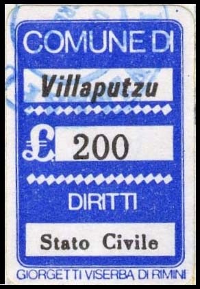 Marca da Bollo del Comune di VILLAPUTZU su Carta Bianca di dimensioni 16 x 25 mm