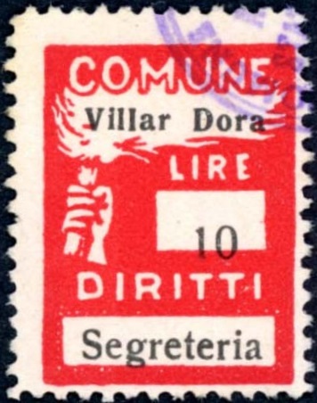 Marca da Bollo del Comune di VILLAR DORA su Carta Bianca di dimensioni 18, x 26 mm