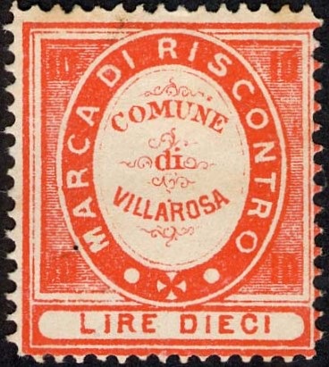 Marca da Bollo del Comune di VILLAROSA su Carta Bianca Sottile di dimensioni 22,5 x 25,5 mm