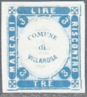 Marca da Bollo del Comune di VILLAROSA su Carta Bianca di dimensioni 22,5 x 25 mm