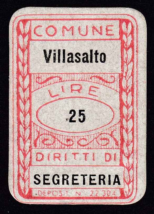 Marca da Bollo del Comune di VILLASALTO su Carta Bianca di dimensioni 20 x 30 mm
