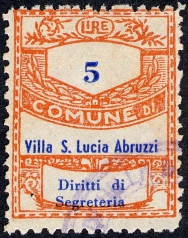 Marca da Bollo del Comune di VILLA SANTA LUCIA DEGLI ABRUZZI su Carta Bianca Sottile di dimensioni 21,5 x 28 mm