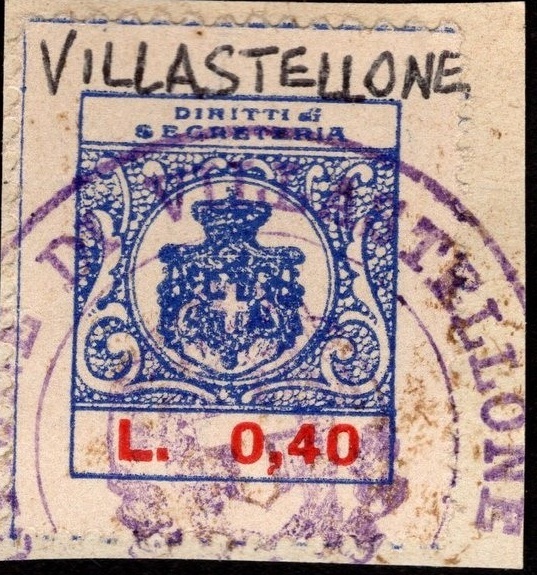Marca da Bollo del Comune di VILLASTELLONE su Carta Bianca Sottile di dimensioni 22 x 28 mm
