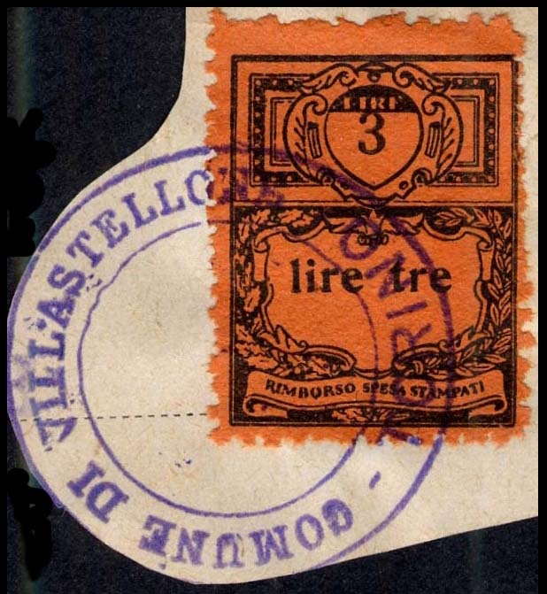 Marca da Bollo del Comune di VILLASTELLONE su Carta Colorata di dimensioni 22 x 28,5 mm