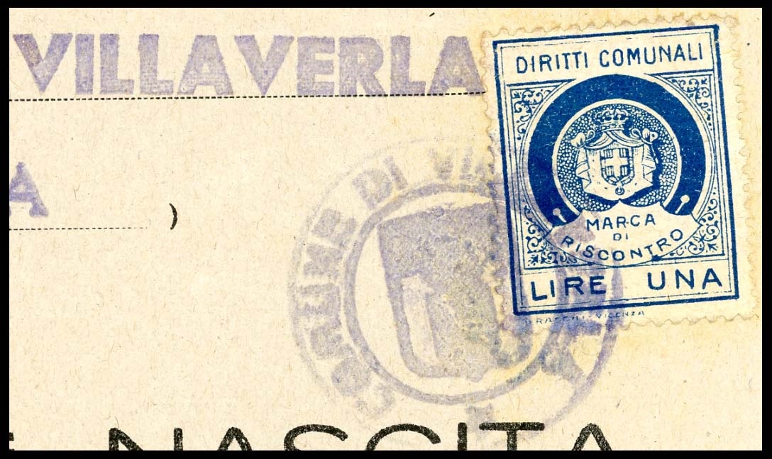 Marca da Bollo del Comune di VILLAVERLA su Carta Bianca di dimensioni 22 x 28,5 mm