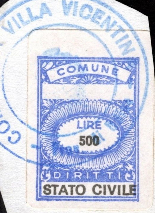 Marca da Bollo del Comune di VILLA VICENTINA su Carta Bianca di dimensioni 17 x 24 mm