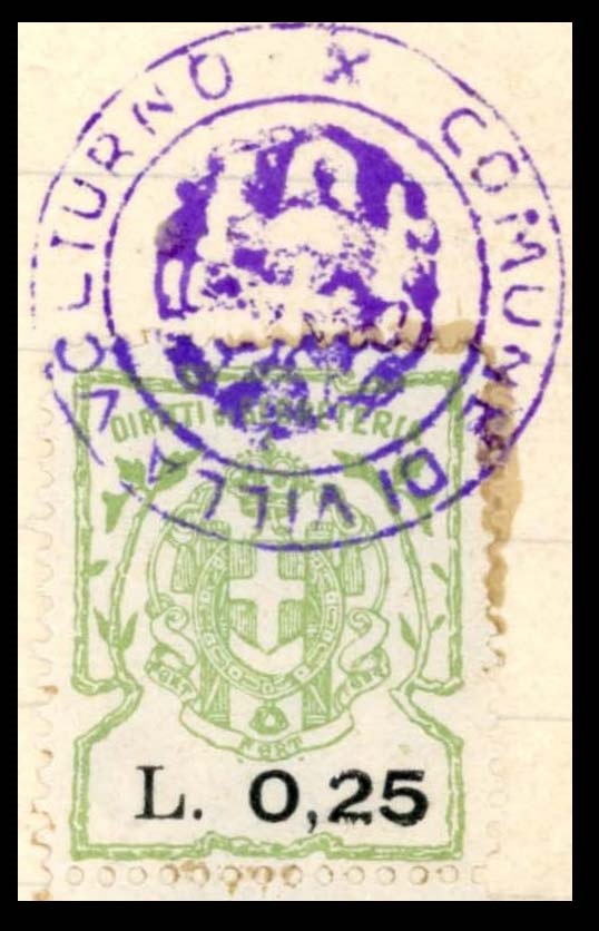 Marca da Bollo del Comune di VILLA VOLTURNO su Carta Bianca di dimensioni 21,5 x 27 mm