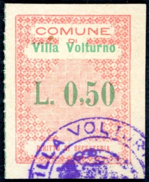 Marca da Bollo del Comune di VILLA VOLTURNO su Carta Bianca di dimensioni 23 x 32,5 mm