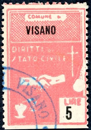 Marca da Bollo del Comune di VISANO su Carta Bianca di dimensioni 22 X 33 mm