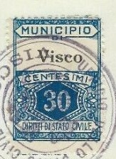 Marca da Bollo del Comune di VISCO su Carta Bianca di dimensioni 23,5 X 30,5 mm