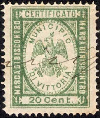 Marca da Bollo del Comune di VITTORIA su Carta Bianca Sottile di dimensioni 19 x 24 mm