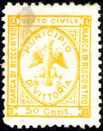 Marca da Bollo del Comune di VITTORIA su Carta Bianca Sottile di dimensioni 19 x 23,5 mm