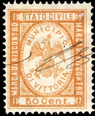 Marca da Bollo del Comune di VITTORIA su Carta Bianca di dimensioni 18,5 x 22,5 mm