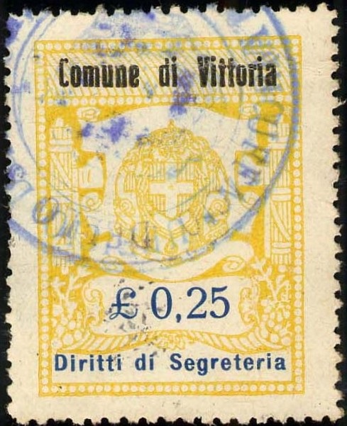 Marca da Bollo del Comune di VITTORIA su Carta Bianca Sottile di dimensioni 26 x 35 mm