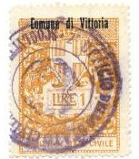 Marca da Bollo del Comune di VITTORIA su Carta Bianca Sottile di dimensioni 27,5 x 36,5 mm