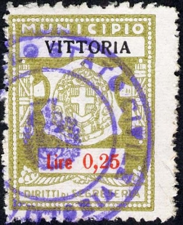 Marca da Bollo del Comune di VITTORIA su Carta Bianca Sottile di dimensioni 20 x 27,5 mm