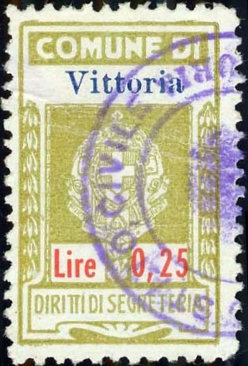 Marca da Bollo del Comune di VITTORIA su Carta Bianca Sottile di dimensioni 18,5 x 30 mm