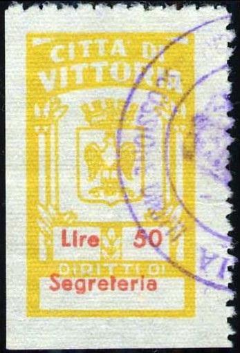 Marca da Bollo del Comune di VITTORIA su Carta Bianca Sottile di dimensioni 17 x 28 mm