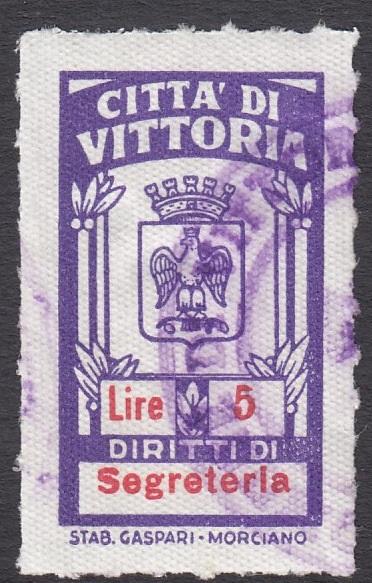 Marca da Bollo del Comune di VITTORIA su Carta Bianca Sottile di dimensioni 17 x 30 mm