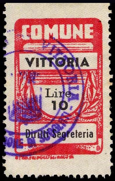 Marca da Bollo del Comune di VITTORIA su Carta Bianca Sottile di dimensioni 21,5 x 34 mm