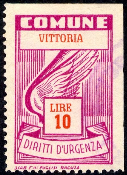 Marca da Bollo del Comune di VITTORIA su Carta Bianca Sottile di dimensioni 21 X 33,5 mm