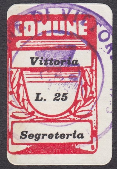 Marca da Bollo del Comune di VITTORIA su Carta Bianca di dimensioni 18 x 28 mm
