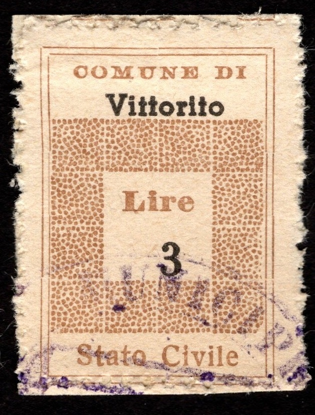 Marca da Bollo del Comune di VITTORITO su Carta Bianca di dimensioni 21 X 32 mm