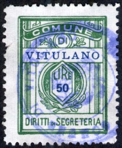 Marca da Bollo del Comune di VITULANO su Carta Bianca di dimensioni 21,5 x 28,5 mm