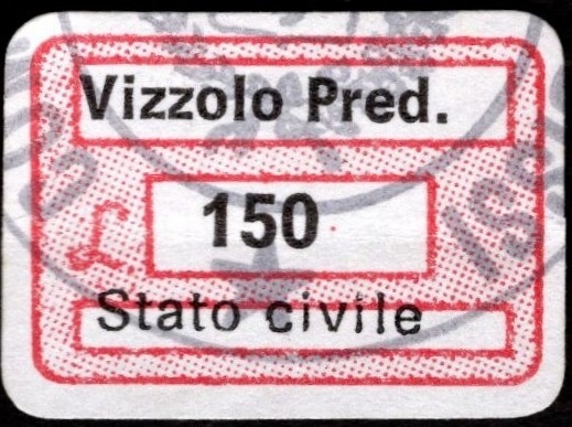 Marca da Bollo del Comune di VIZZOLO PREDABISSI su Carta Bianca di dimensioni 18,5 x 12,5 mm
